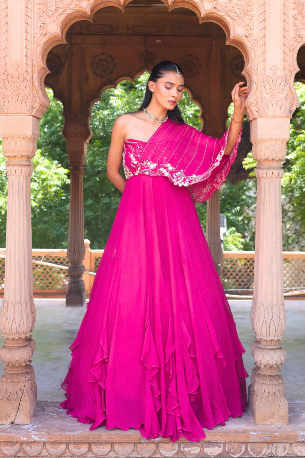 Fuschia pink georgette embroidered drape gown by Golden Muslin