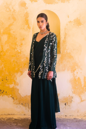 Forest green organza and georgette draped saree with embroidered jacket by Golden Muslin