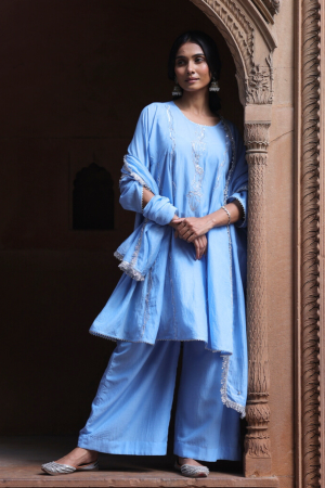 Powder blue mul chanderi three-piece palazzo kurta set by Golden Muslin featuring an A-line Pakistani kalidar kurta with tonal embroidery