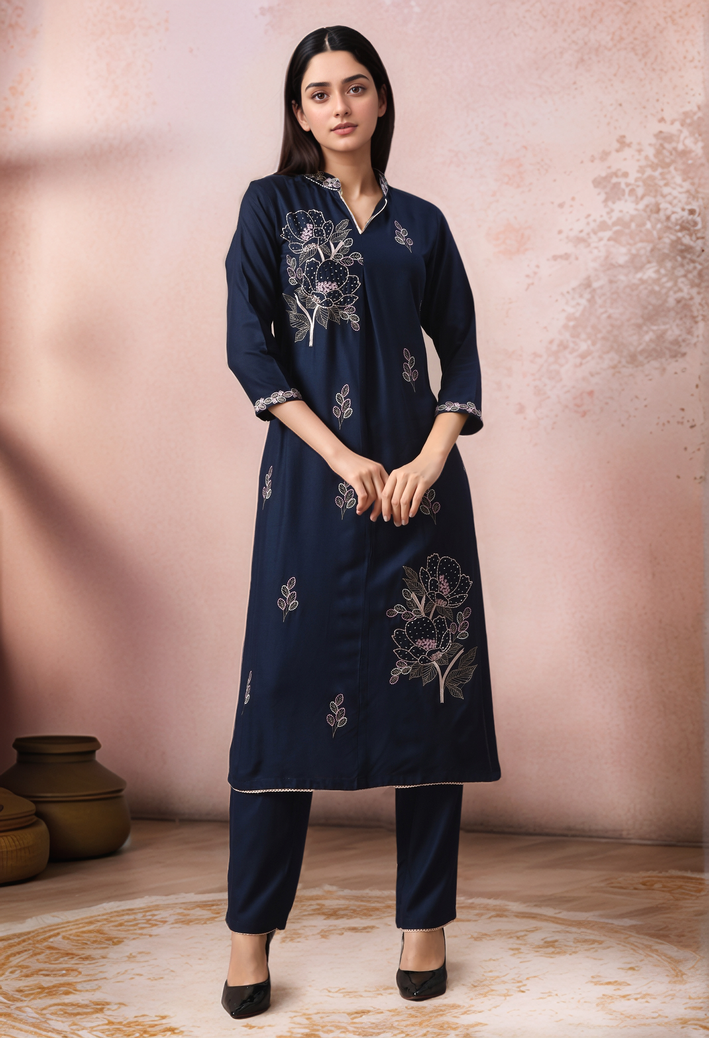 Golden Muslin navy cotton-rayon straight kurta with delicate embroidery, paired with matching straight pants.
