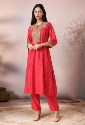 Red Chanderi embroidered kurta set with delicate embroidery, pin-tuck detailing, and matching straight pants, offering timeless festive elegance and refined comfort, Golden Muslin by Jhambthreads