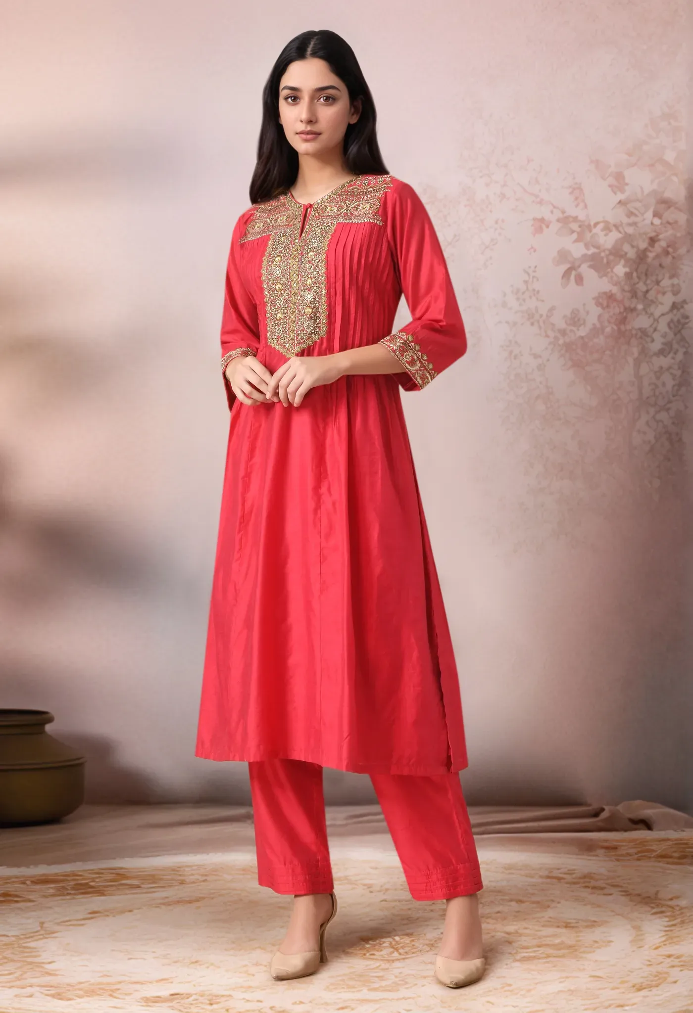Red Chanderi embroidered kurta set with delicate embroidery, pin-tuck detailing, and matching straight pants, offering timeless festive elegance and refined comfort, Golden Muslin by Jhambthreads