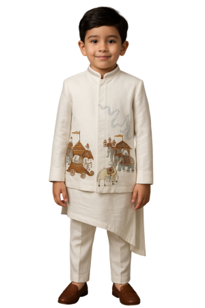 Golden Muslin ivory Bamberg silk Nehru jacket set with royal procession embroidery featuring elephants
