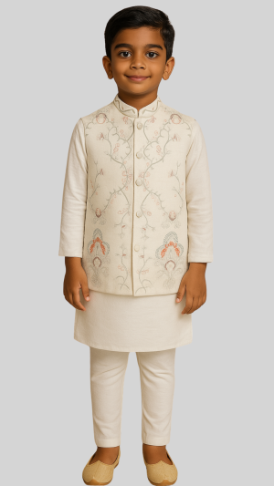 Golden Muslin boys’ ivory linen satin Nehru jacket set with pastel floral embroidery in coral and sage.