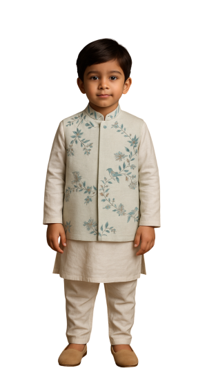 Golden Muslin water blue Bamberg silk Nehru jacket set with floral and hummingbird embroidery