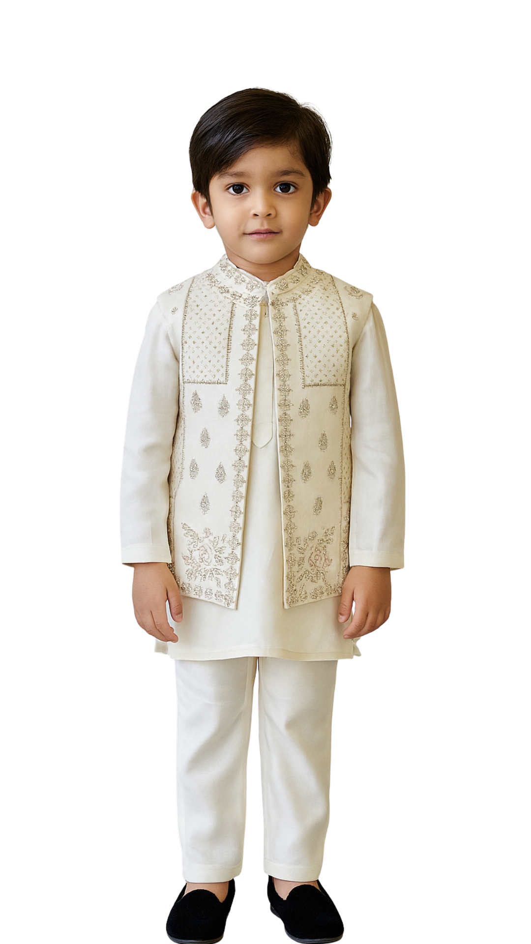 Golden Muslin ivory Bamberg silk Nehru jacket set with antique gold zari and pastel resham embroidery