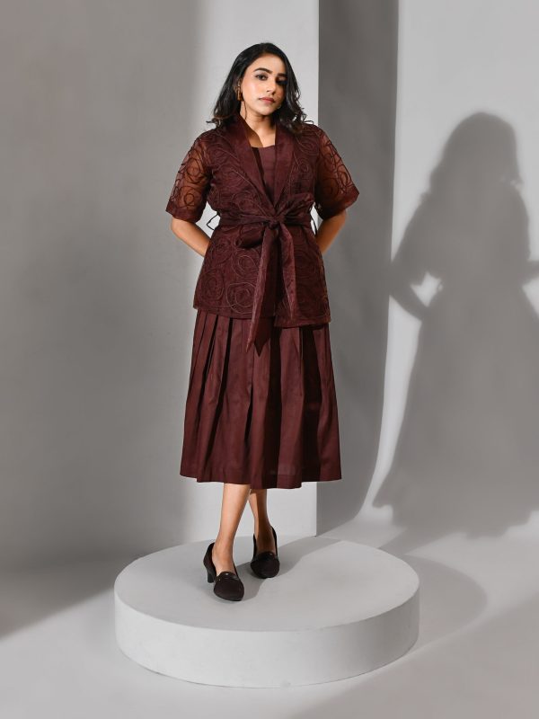 Chocolate brown three-piece set with tailored cotton skirt
