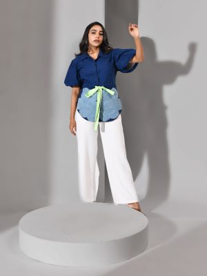 Deep blue shirt with bold circular patch and balloon sleeves – Golden Muslin