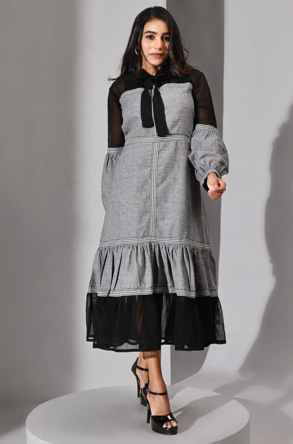 Grey cotton and black organza dress with gingham lace and sheer geometric detailing – Golden Muslin