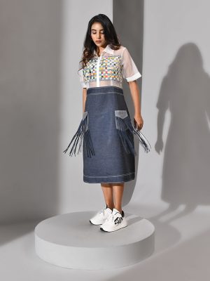 Golden Muslin denim and organza panel dress with multicolored woven organza bodice