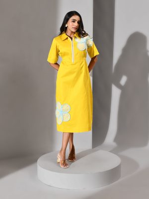 Lime cotton dress with elasticated waist and white organza braided floral patches – Golden Muslin