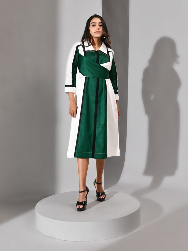 Green and white cotton wrap dress with black detailing and fluid draped silhouette – Golden Muslin