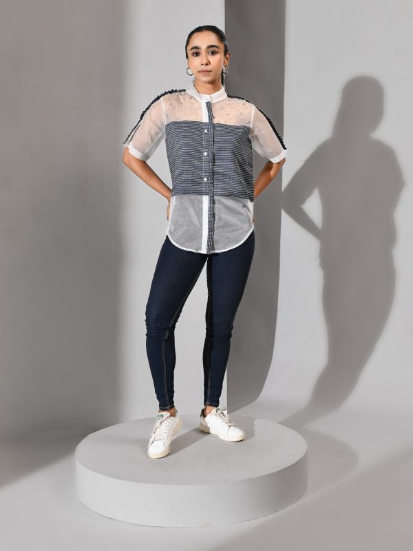White and blue organza shirt with denim panel