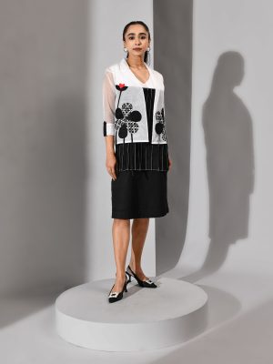 Black-and-white cotton pleated dress with sheer organza jacket and embroidered black patchwork – Golden Muslin