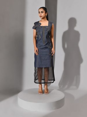 Blue denim dress with tonal denim flower appliqué and sheer organza bottom panel – Golden Muslin