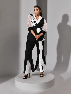 Black and white cotton co-ord set with white floral patchwork top and panelled leg pants – Golden Muslin