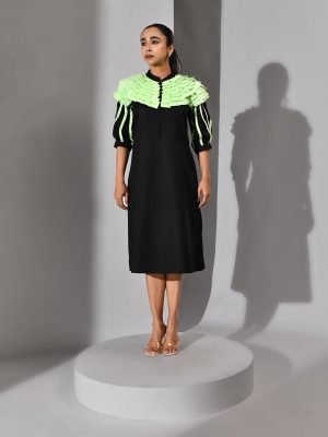 Golden Muslin black and mint green cotton dress with folded mint tassel shoulder detailing and modern sculptural design