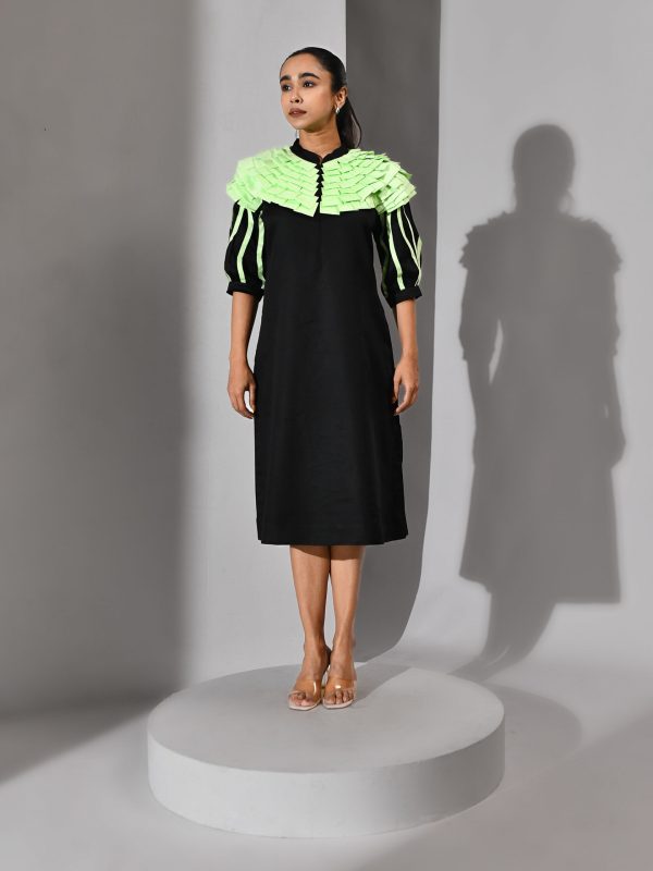 Golden Muslin black and mint green cotton dress with folded mint tassel shoulder detailing and modern sculptural design