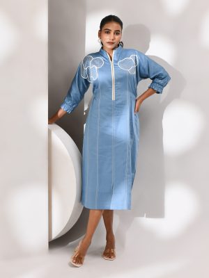 Dusty blue cotton dress with elasticated waist and sleeves