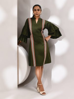 Olive green striped cotton dress with side cutouts and flared bell sleeves featuring a sculptural silhouette – Golden Muslin