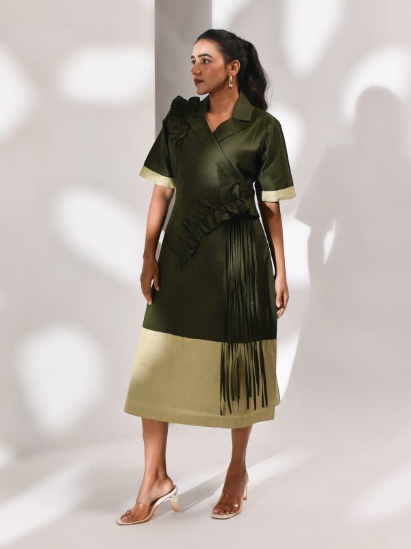 Olive green and beige cotton dress with ruched pleating and tassel accents – Golden Muslin