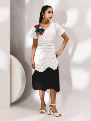 White cotton dress with vibrant organza floral patches and delicate anchor detailing – Golden Muslin