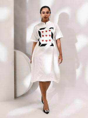 White cotton organza layered dress with heart embroidery and black-and-white striped detailing – Golden Muslin