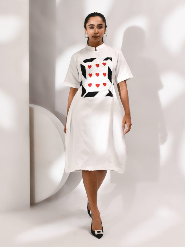 White cotton organza layered dress with heart embroidery and black-and-white striped detailing – Golden Muslin