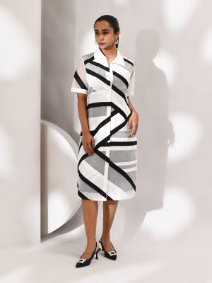 White and black two-piece dress with cotton inner and sheer organza overlay featuring bold linear patterns – Golden Muslin