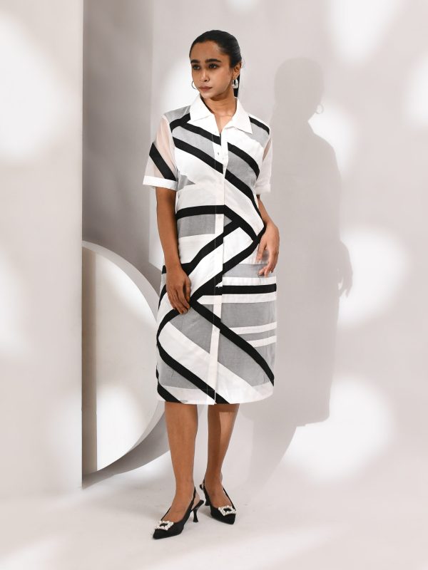 White and black two-piece dress with cotton inner and sheer organza overlay featuring bold linear patterns – Golden Muslin