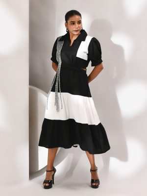 Black and white tiered cotton dress with puff sleeves