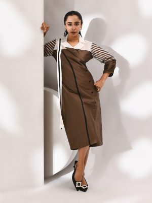 Ash brown cotton dress with sheer organza shoulder detailing and muted translucent accents – Golden Muslin