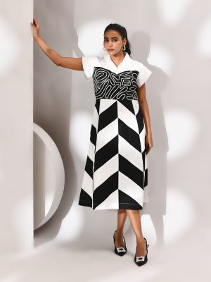 Golden Muslin off-white handloom cotton dress with black patti detailing