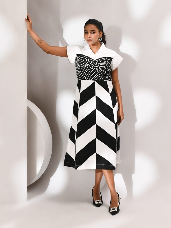 Golden Muslin off-white handloom cotton dress with black patti detailing