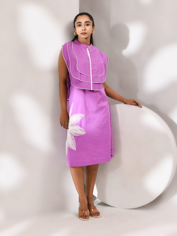 Purple and white cotton dress with sculptural overlay bib