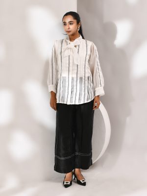 White organza shirt with black threadwork embroidery and structured collared neckline – Golden Muslin
