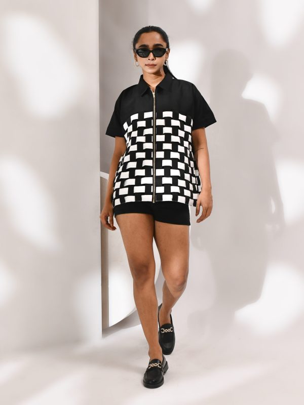 Black-and-white cotton jacket with inner layer and interlaced panel detailing – Golden Muslin