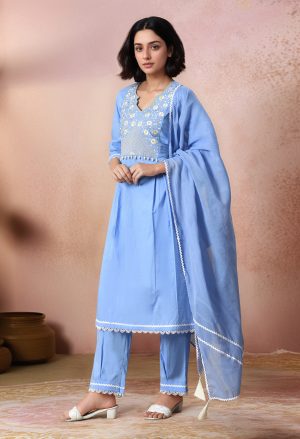 Golden Muslin light blue cotton straight kurta with embroidered yoke, pearl detailing, lace hem, paired with matching lace-finish pants and a soft organza dupatta.