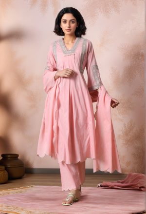 Golden Muslin pink cotton A-line kurta with inverted pleat, embroidered neckline and panels, bell sleeves, and scalloped hem, paired with straight pants and organza dupatta with scalloped edges.