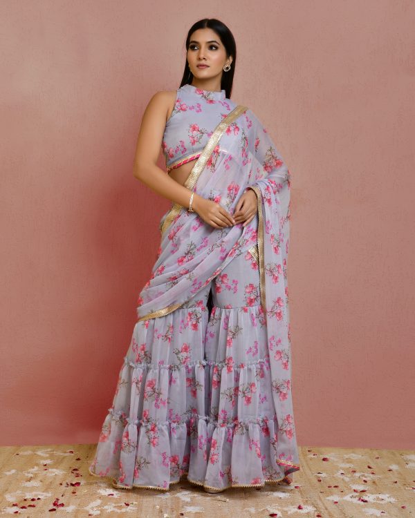 Grey pre-draped floral printed chiffon sharara saree with gota patti lace detailing and high-neck blouse finished with delicate lace accents in Golden Muslin by Priyanka Rathore
