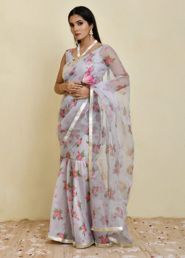Grey pre-draped floral printed chanderi and organza saree with lace border detailing and round-neck padded blouse in Golden Muslin by Priyanka Rathore
