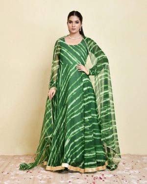 Green georgette leheriya print Anarkali set with gota lace hem, churidar sleeves and matching dupatta finished with gota borders in Golden Muslin by Priyanka Rathore
