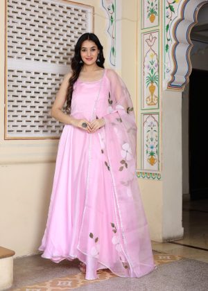 Pink satin silk floor-length anarkali set in Golden Muslin by Priyanka Rathore with hand-painted organza dupatta