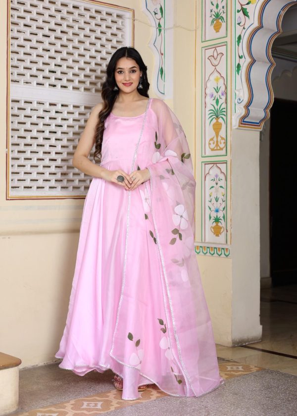 Pink satin silk floor-length anarkali set in Golden Muslin by Priyanka Rathore with hand-painted organza dupatta