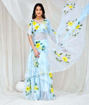 Golden Muslin hand painted floral Blue georgette saree with ruffled drape by Priyanka Rathore