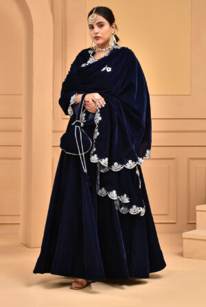 Midnight blue velvet embroidered lehenga set in Golden Muslin by Priyanka Rathore with scalloped velvet dupatta