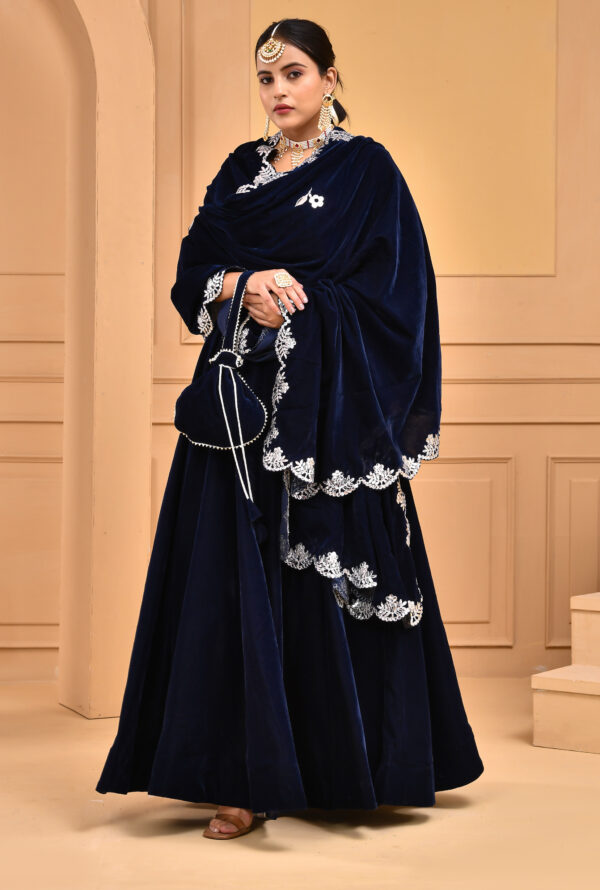 Midnight blue velvet embroidered lehenga set in Golden Muslin by Priyanka Rathore with scalloped velvet dupatta