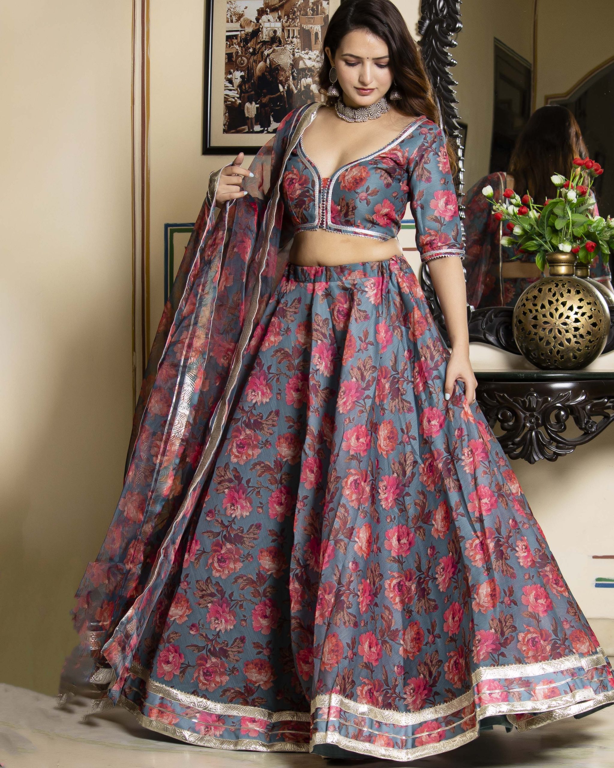 Grey floral chanderi lehenga with sweetheart neckline padded blouse and organza dupatta from Golden Muslin by Priyanka Rathore.