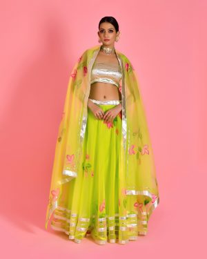 Golden Muslin lime green hand painted lehenga with gota embellishments by Priyanka Rathore