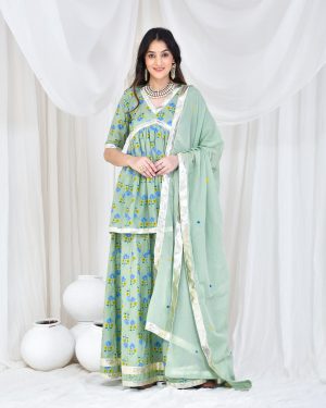 Soft mint green cotton hand block printed skirt set in Golden Muslin by Priyanka Rathore with aari embroidered mulmul dupatta